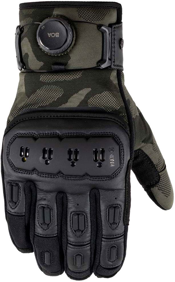 Black and olive camouflage gloves featuring a textured palm, protective knuckle armor, and a secure wrist strap, designed for durability and comfort in size L.