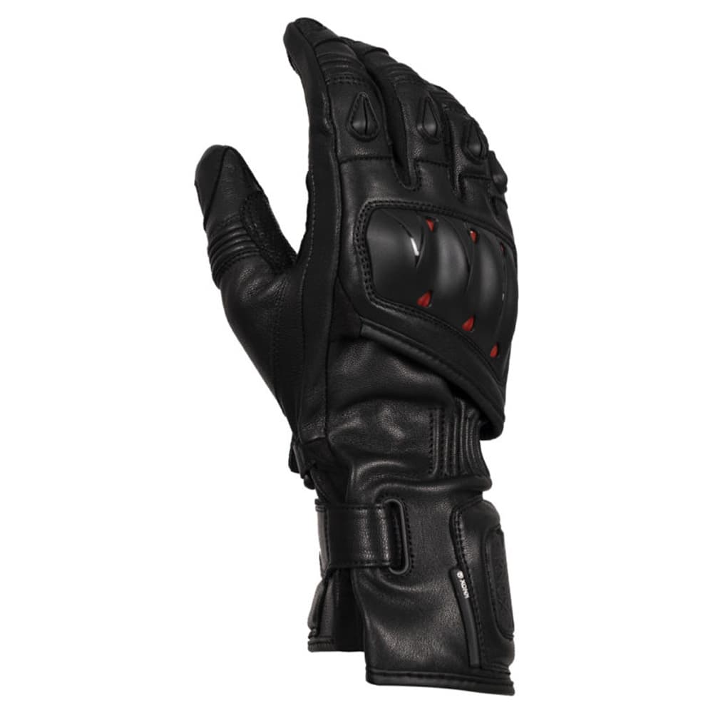 Black leather motorcycle gloves featuring Knox protection, with knuckle armor, ventilation panels, and red accents, designed for summer riding comfort and safety.
