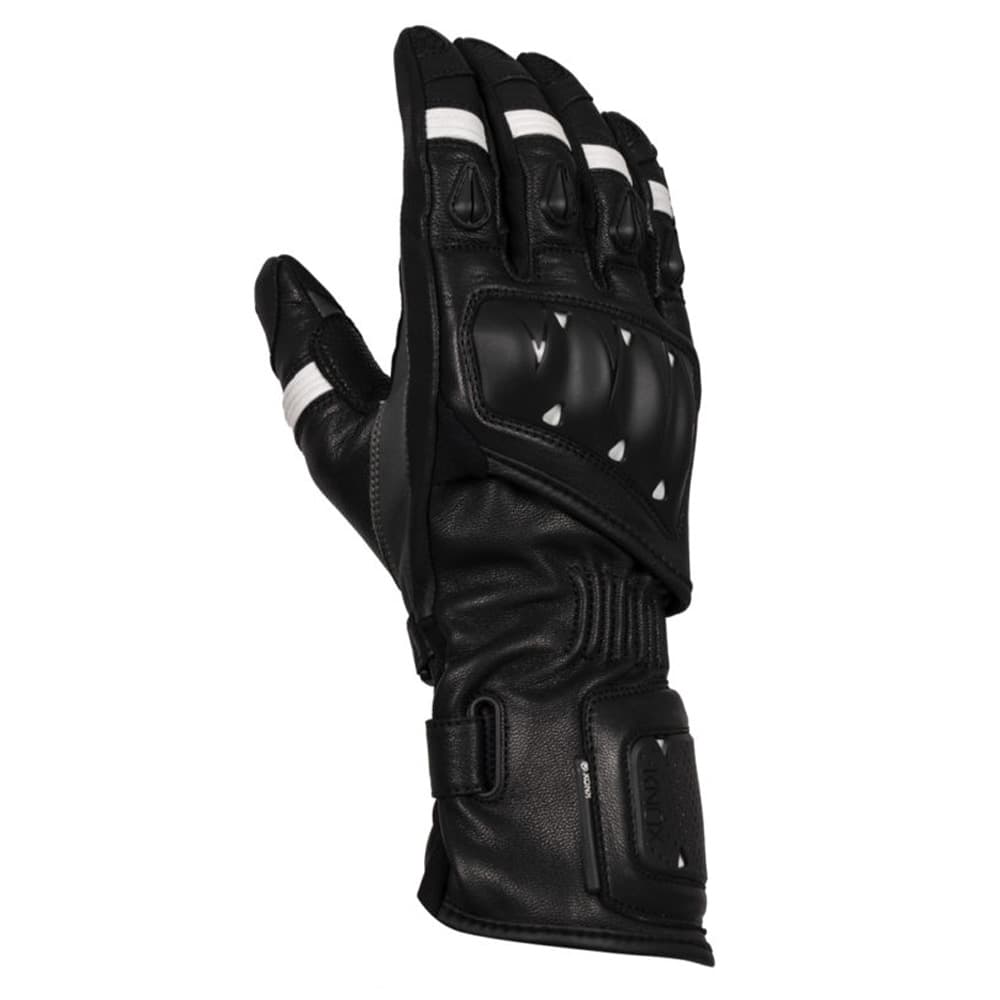 Black and white Knox Oulton MK 2 motorcycle gloves in size small, featuring leather material, protective knuckle armor, and adjustable wrist strap for a secure fit.