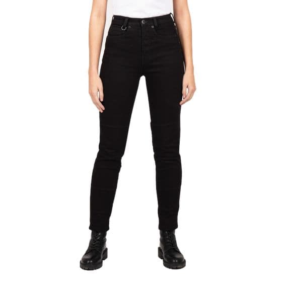 Black denim motorcycle jeans for women, featuring a slim fit, high waist, and reinforced knee panels, styled with a classic five-pocket design.