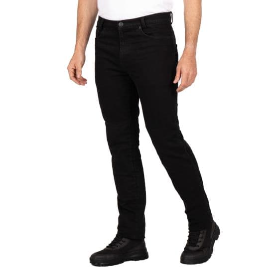 Black denim motorcycle jeans with a slim fit, featuring a medium length and sturdy material, paired with black boots for a sleek look.
