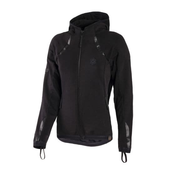 Black Knox Shield Hoody for women, size S, features a zip front, adjustable hood, and reflective detailing, made from durable textile material.