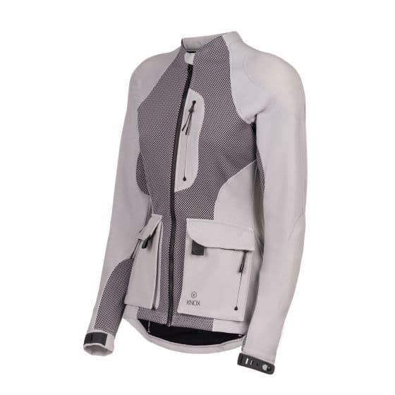 Light grey Knox Tor Duo Protector Jacket for women, size M, featuring a sleek design, mesh panels, zip pockets, and adjustable cuffs for enhanced comfort and protection.