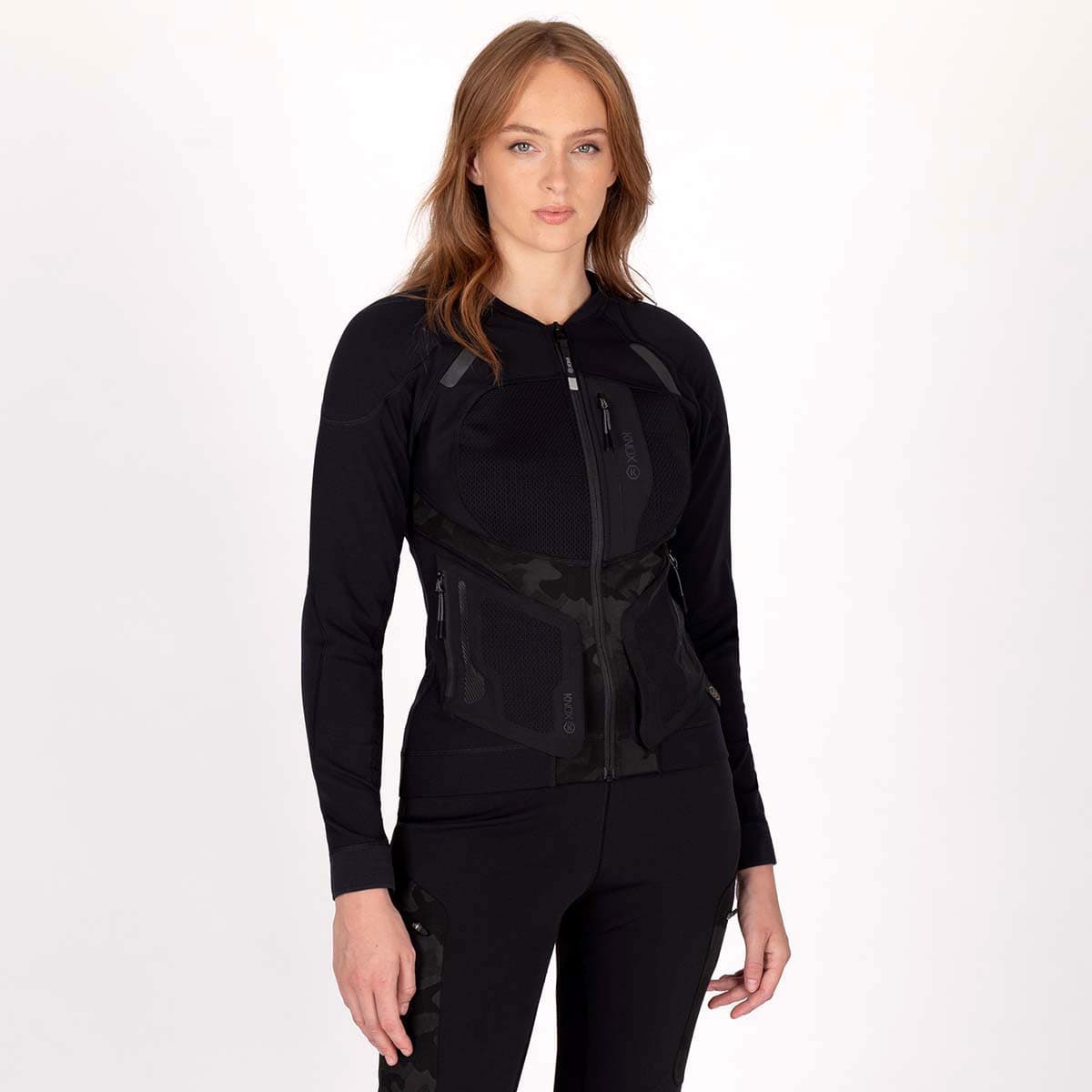 Black Knox Action Pro MK2 women's protector jacket in size XS, featuring a fitted design, mesh panels for breathability, and camo accents on the sides.