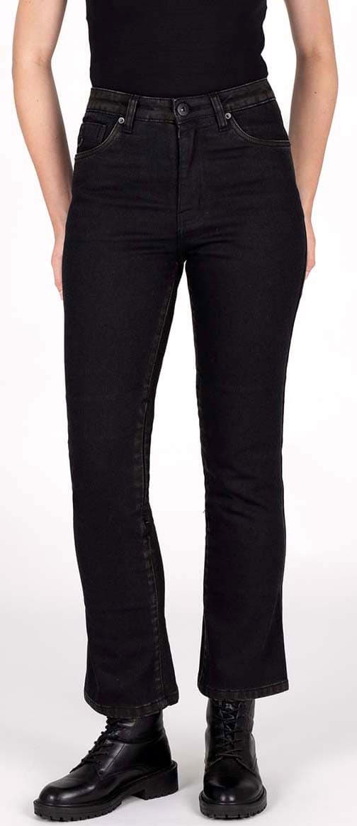 Black kick flare jeans for women by Knox, featuring a high waist, five-pocket design, and a short XS size, paired with black lace-up boots.