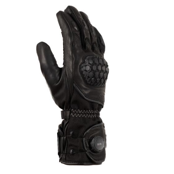 Black leather motorcycle gloves featuring a textured grip, knuckle protection, and adjustable wrist strap, designed for small hands.