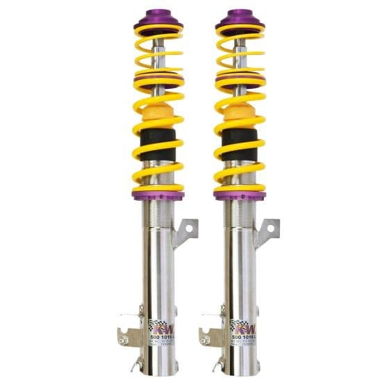 KW Suspension V1 Coilover Kit featuring stainless steel construction, purple and yellow springs, designed to lower vehicles by 35-60mm in both front and rear.