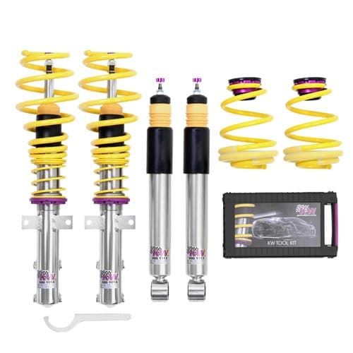 KW Suspension V2 Coilover Kit featuring yellow springs, silver shock absorbers, and a black tool kit, designed to lower vehicles by 25-50mm in both front and rear.