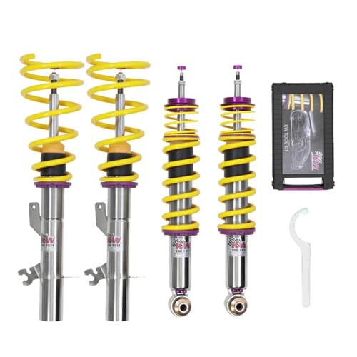 KW Gewindefahrwerk V3 Variante 3 features stainless steel shock absorbers with yellow springs, purple accents, and includes adjustment tools, designed for Audi A3 8V Limo.