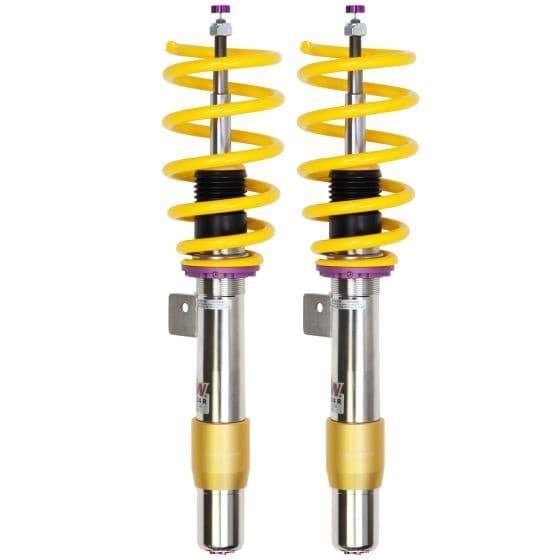 KW Suspension V3 Coilover Kit featuring yellow springs and stainless steel bodies, designed to lower front and rear by 40-60mm, with adjustable settings for enhanced performance.