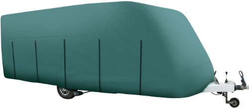 Green Maypole 9534 caravan cover designed to fit 5.6 - 6.2 meters, featuring a durable material with side straps for secure fitting and a sleek, streamlined shape.