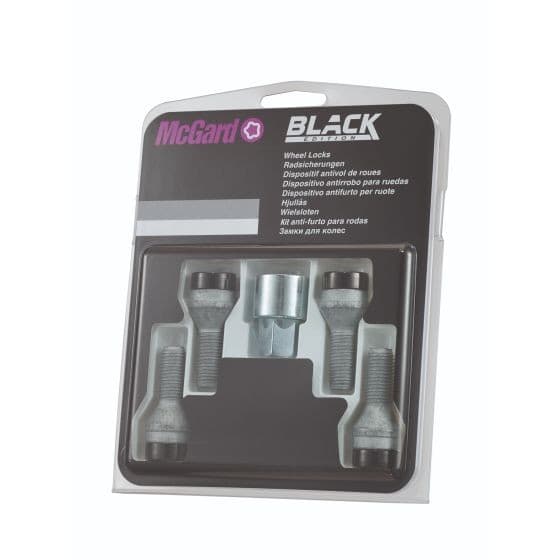 McGard Black Edition Locking Wheel Bolts set featuring four black bolts with a silver 17mm head, designed for M12 x 1.5 wheel applications, packaged in a sleek black and silver card.