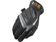 Black mechanics gloves made of synthetic leather with TrekDry material, padded spandex knuckles, and FastFit design, size small, featuring a logo on the back.