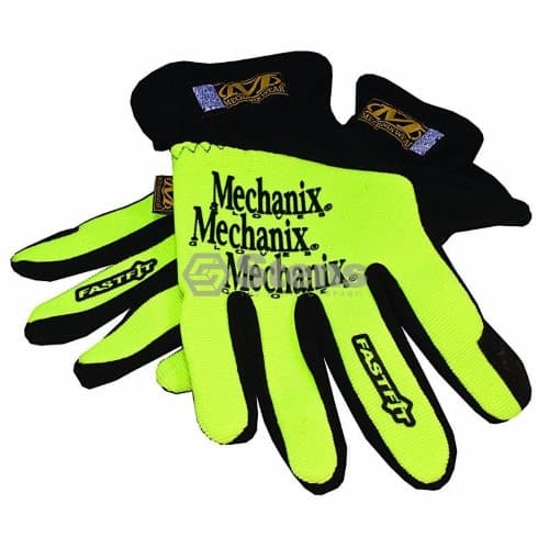 Bright yellow synthetic leather work gloves with black accents, featuring "Mechanix" branding and a snug fit design, ideal for visibility and protection in various tasks.