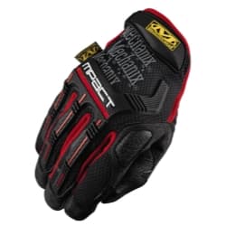 Black and red mechanics gloves featuring a TPR back, hook-and-loop closure, and padded fingers, designed for durability and protection during heavy-duty tasks.