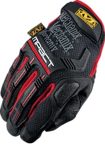 Black and red mechanics gloves featuring a TPR back, padded fingers, and a hook-and-loop closure for a secure fit, designed for durability and protection.