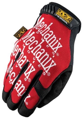 Red synthetic leather gloves with a TrekDry back, featuring white "Mechanix" branding, designed for durability and grip, size 8.