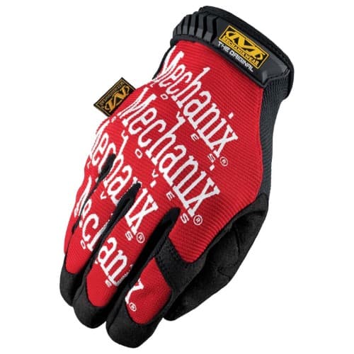 Red Mechanics gloves featuring a synthetic leather palm, TrekDry back for breathability, and prominent "Mechanix" branding across the surface, size 11.