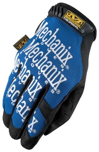 Blue synthetic leather palm gloves with a TrekDry back, featuring the Mechanix logo prominently displayed in white, designed for durability and comfort.