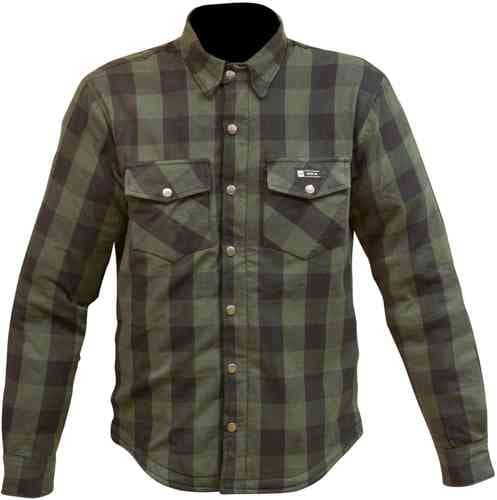 Green and black plaid motorcycle shirt by Merlin, featuring long sleeves, two chest pockets with button closures, and a classic collar, available in size 2XL for men.