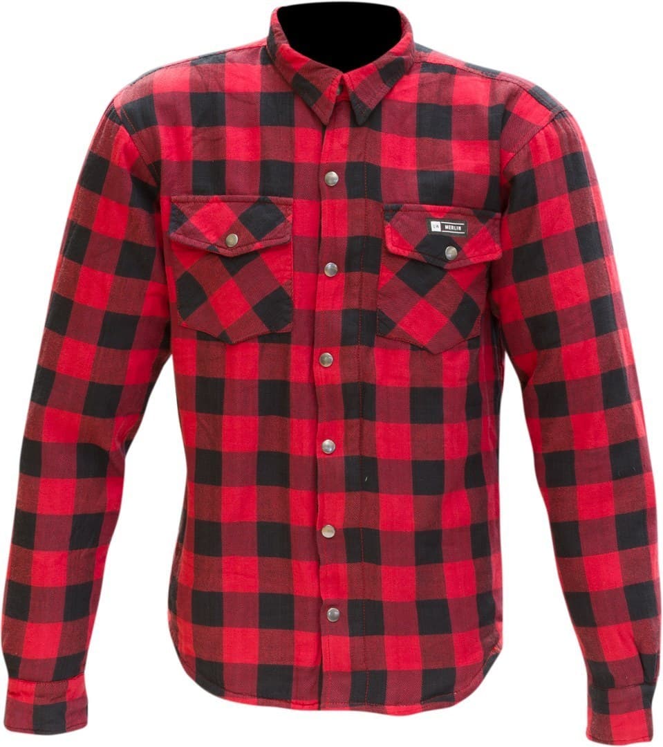 Black and red checkered flannel shirt with long sleeves, button-up front, two chest pockets, and a relaxed fit, designed for men in size 3XL by Merlin.