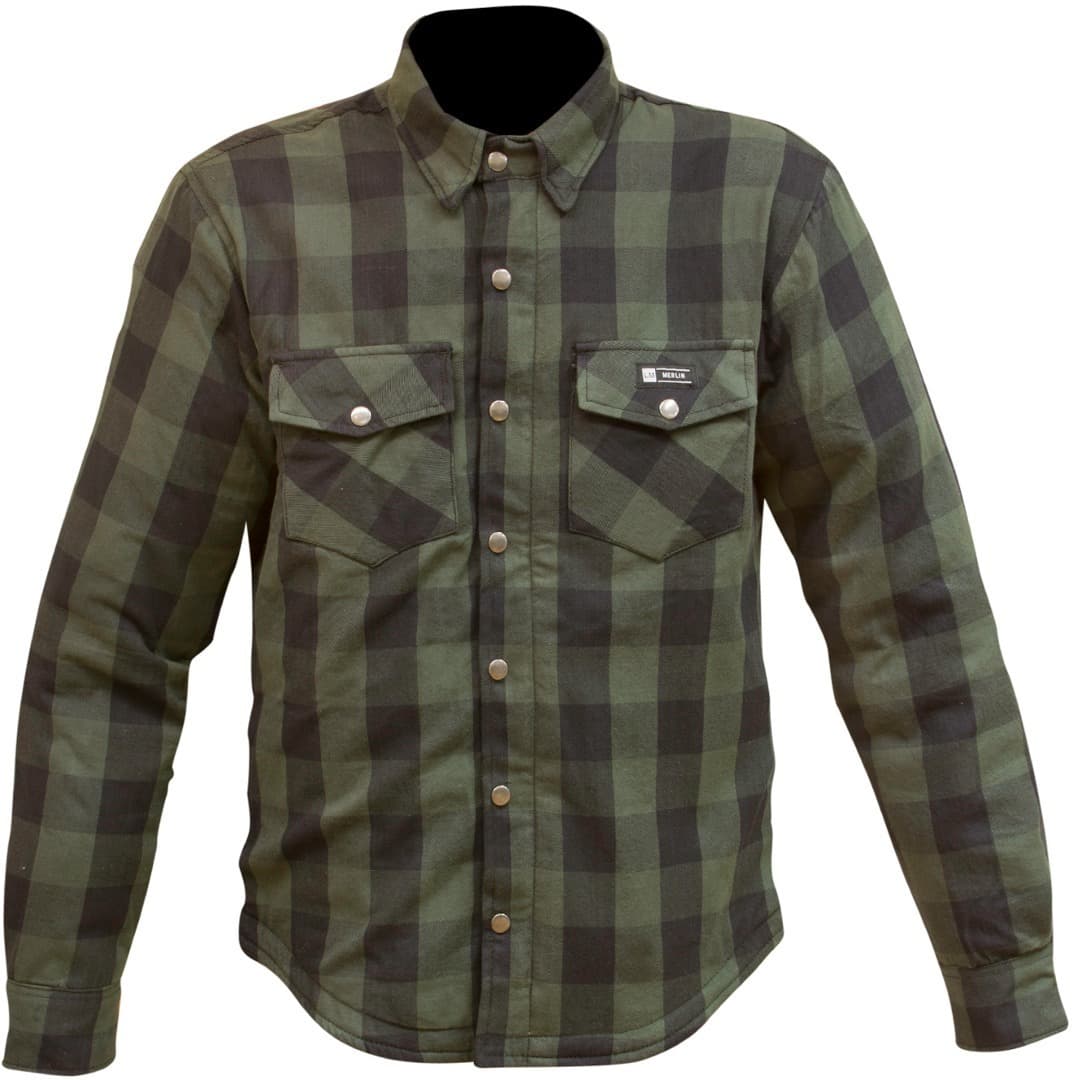 Green plaid motorcycle shirt by Merlin, featuring long sleeves, two chest pockets with snap closures, and a button-up front, available in size L for men.
