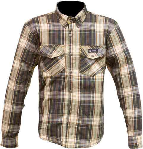 Brown plaid motorcycle shirt for men by Merlin, featuring long sleeves, button-up front, two chest pockets, and a casual fit, made from durable material.
