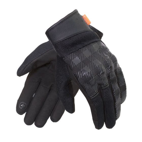 Black motorcycle gloves made from mesh and D3O material, featuring a textured pattern and a snug fit, designed for men in size S.
