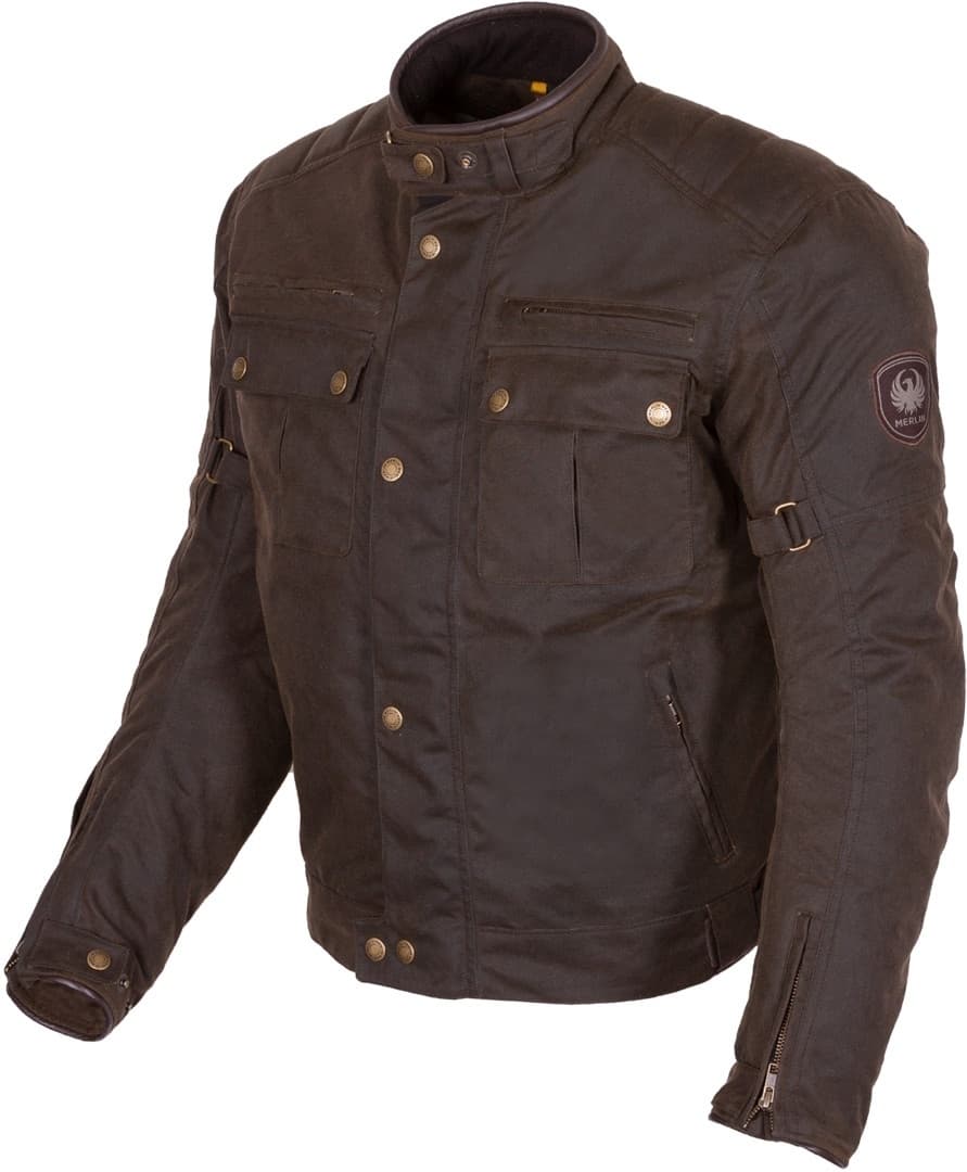 Green waxed motorcycle jacket for men, size S, featuring a high collar, multiple front pockets, and adjustable straps on the cuffs, designed for durability and style.