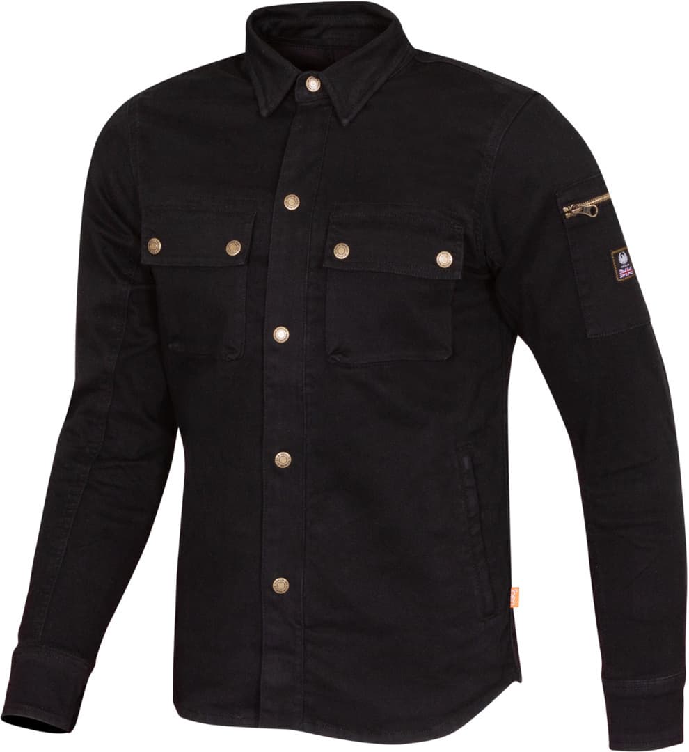 Black D3O utility motorcycle riding shirt by Merlin, featuring a button-up front, two chest pockets, a zippered sleeve pocket, and contrasting gold buttons, made from durable material.