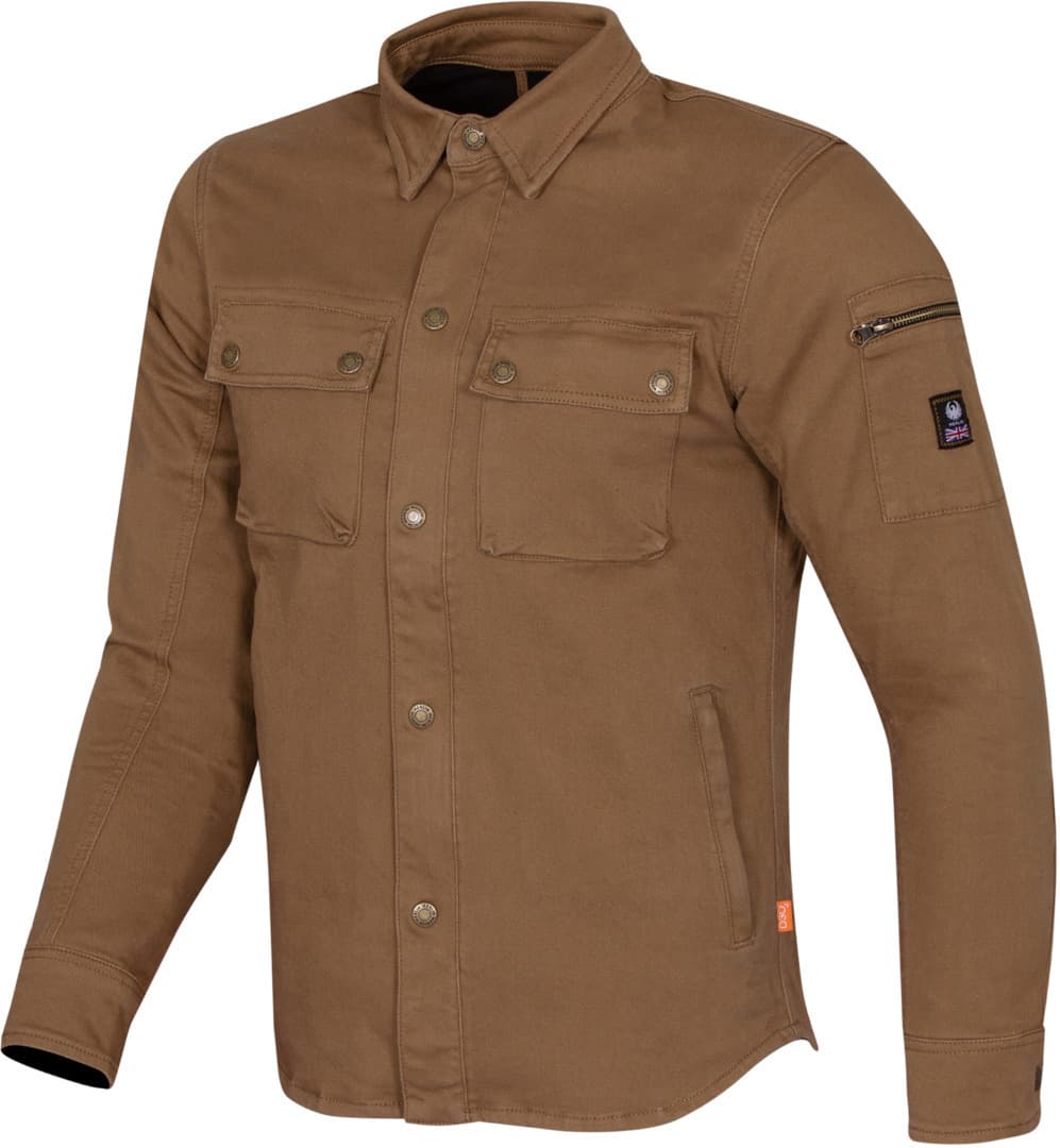 Brown Merlin Brody D3O single layer motorcycle shirt for men, featuring a button-up front, two chest pockets, a zippered sleeve pocket, and a stylish, durable fabric.