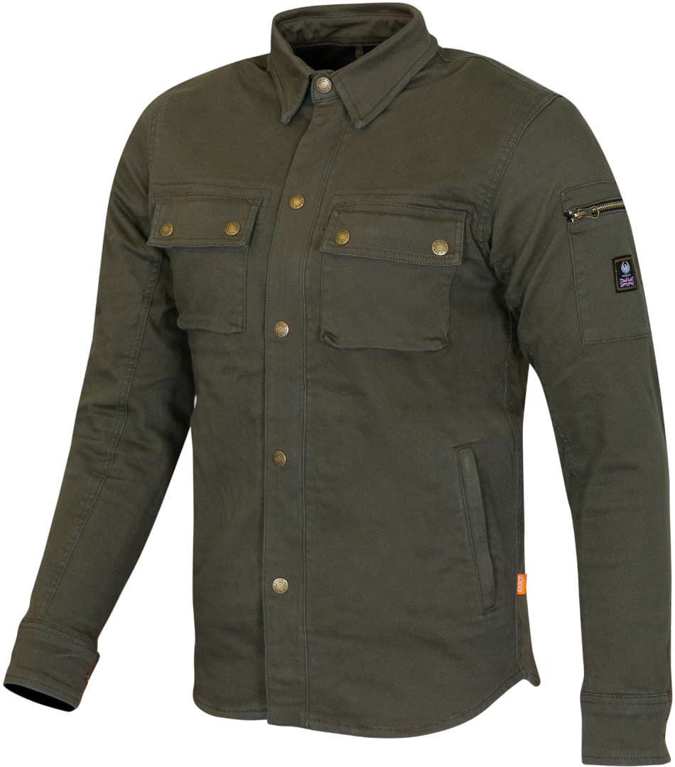 Green-brown Merlin Brody D3O motorcycle shirt in size S for men, featuring a button-up front, chest pockets, and a zippered sleeve pocket.