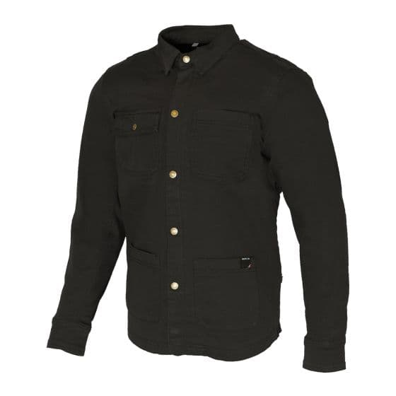 Black motorcycle riding shirt by Merlin, featuring a button-up front, two chest pockets, and long sleeves, made from durable material with D3O protection.