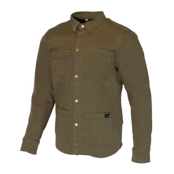 Green Merlin Carter Ghost D3O motorcycle riding shirt in large size, featuring a button-up front, two chest pockets, and a durable fabric designed for protection.