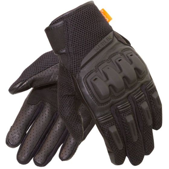 Black and grey motorcycle gloves made from leather and mesh, featuring D3O knuckle protection, adjustable wrist strap, and a textured grip for enhanced control.