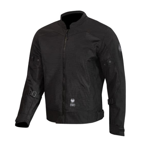 Black air mesh textile motorcycle jacket with a zip front, adjustable straps at the waist, and padded shoulders, designed for medium size riders.