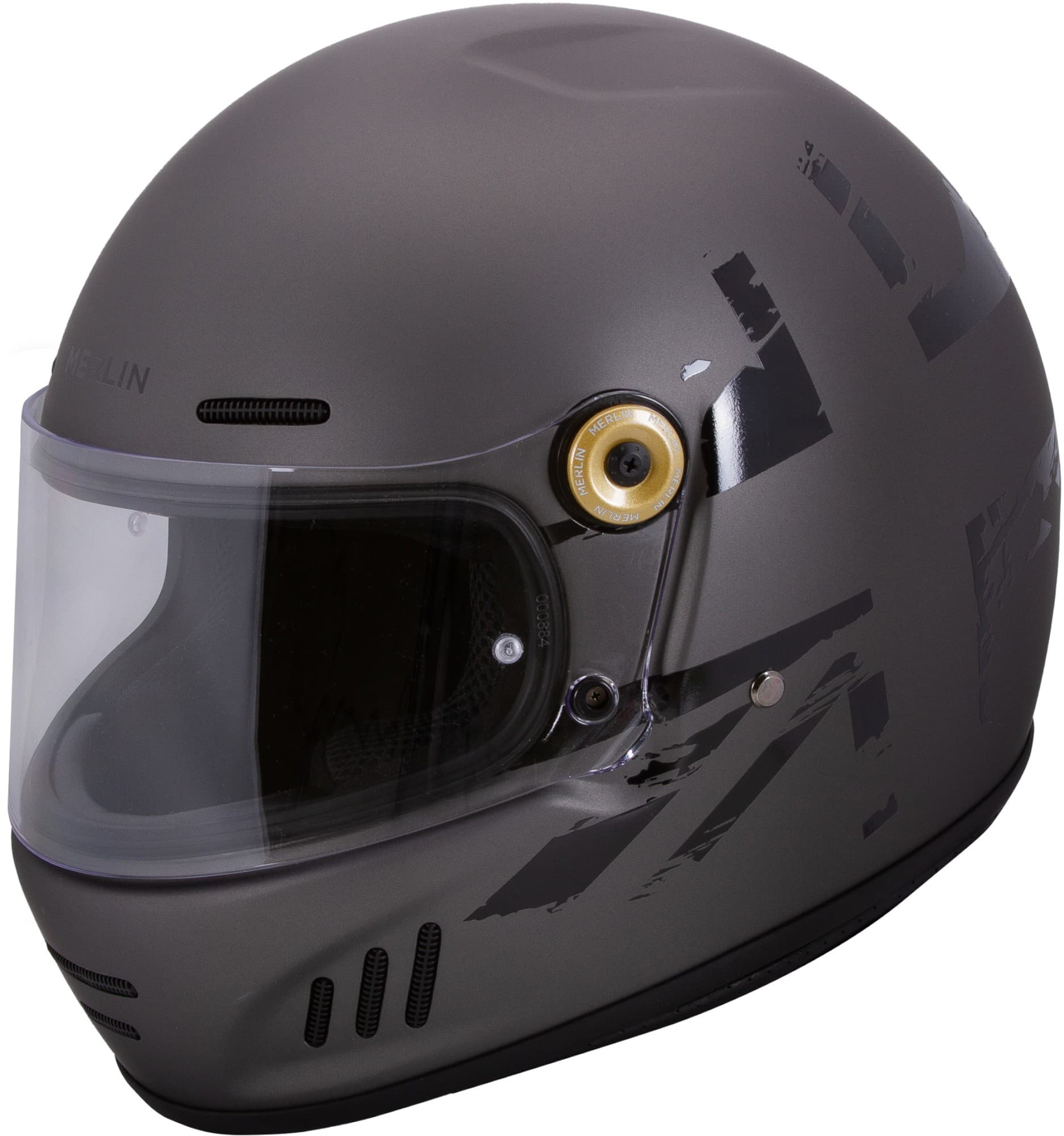 Merlin Revival Vintage Union Helmet in matte grey, size L, featuring a clear visor, ventilation ports, and a sleek design with subtle graphic accents.