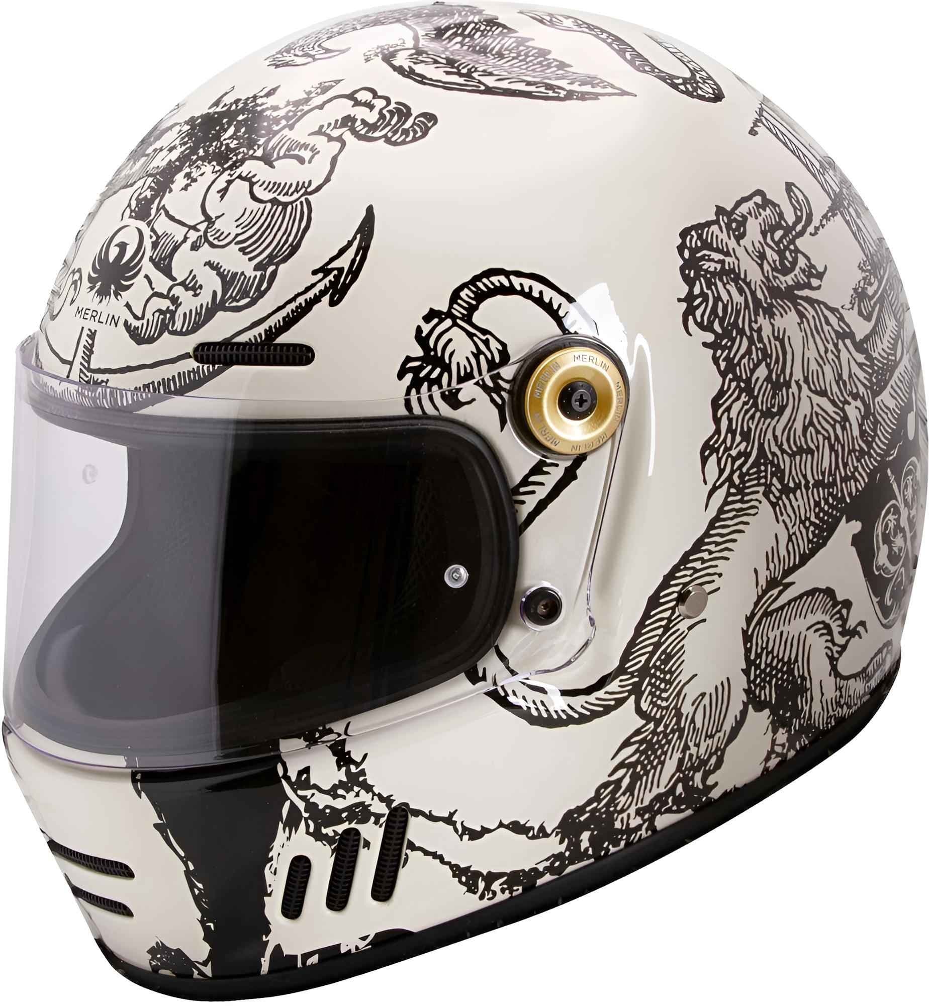 Vintage-style Merlin Revival helmet in cream with intricate black graphic designs, featuring a clear visor, ventilation slots, and a size L label for men.