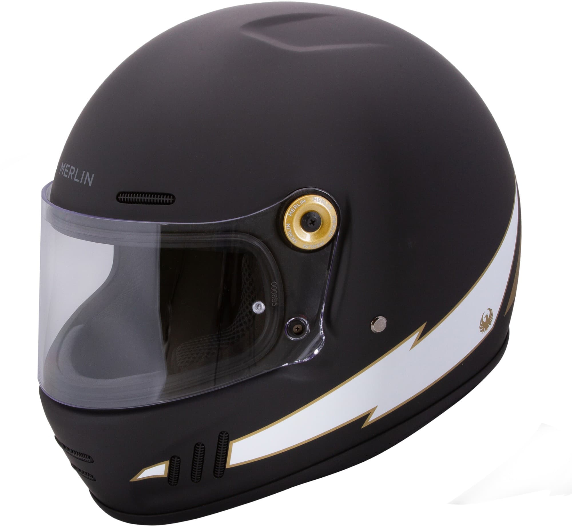 Black vintage-style helmet with a matte finish, featuring a clear visor, gold accents, and a white lightning bolt design, labeled "MERLIN," in size M for men.