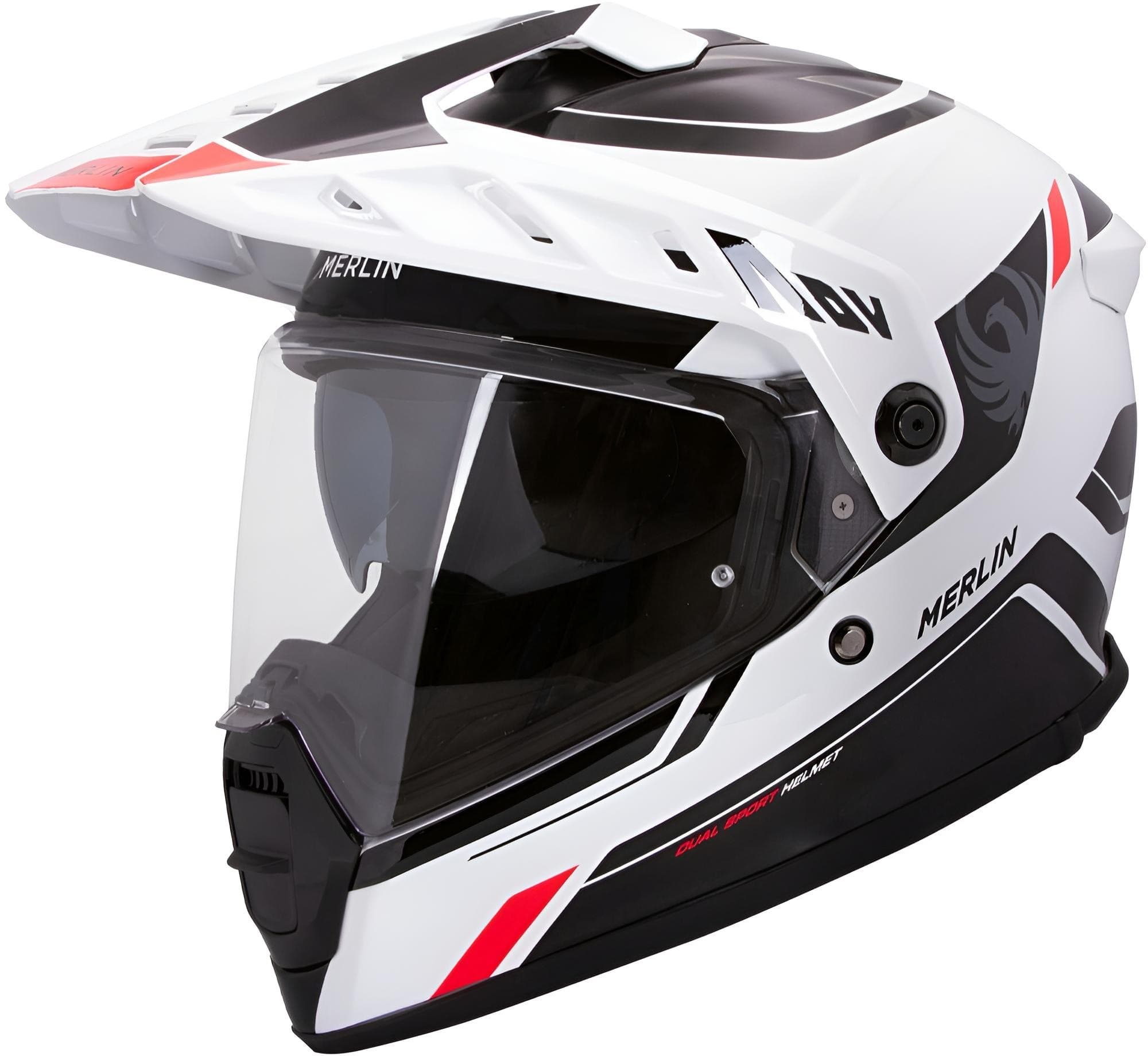 Merlin Torres Adventure Block Enduro Helmet in white and red, featuring a sleek aerodynamic design, a clear visor, and adjustable ventilation, size L for men.