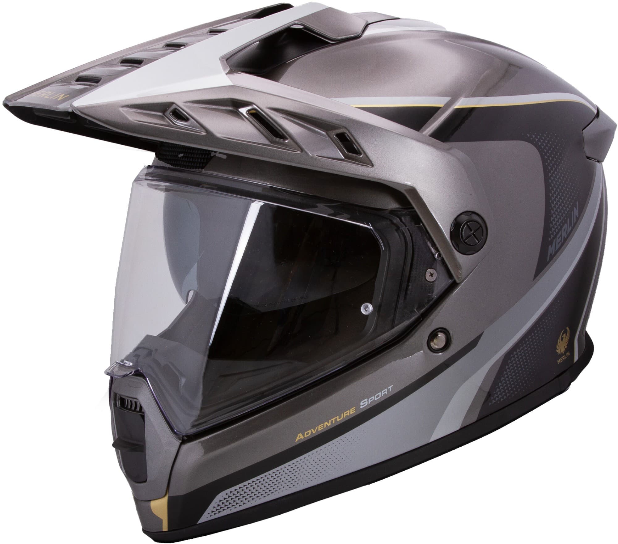 Gray and black Merlin Torres Adventure Speed Enduro Helmet in size L, featuring a sleek aerodynamic design, a clear visor, and ventilation ports for enhanced airflow.