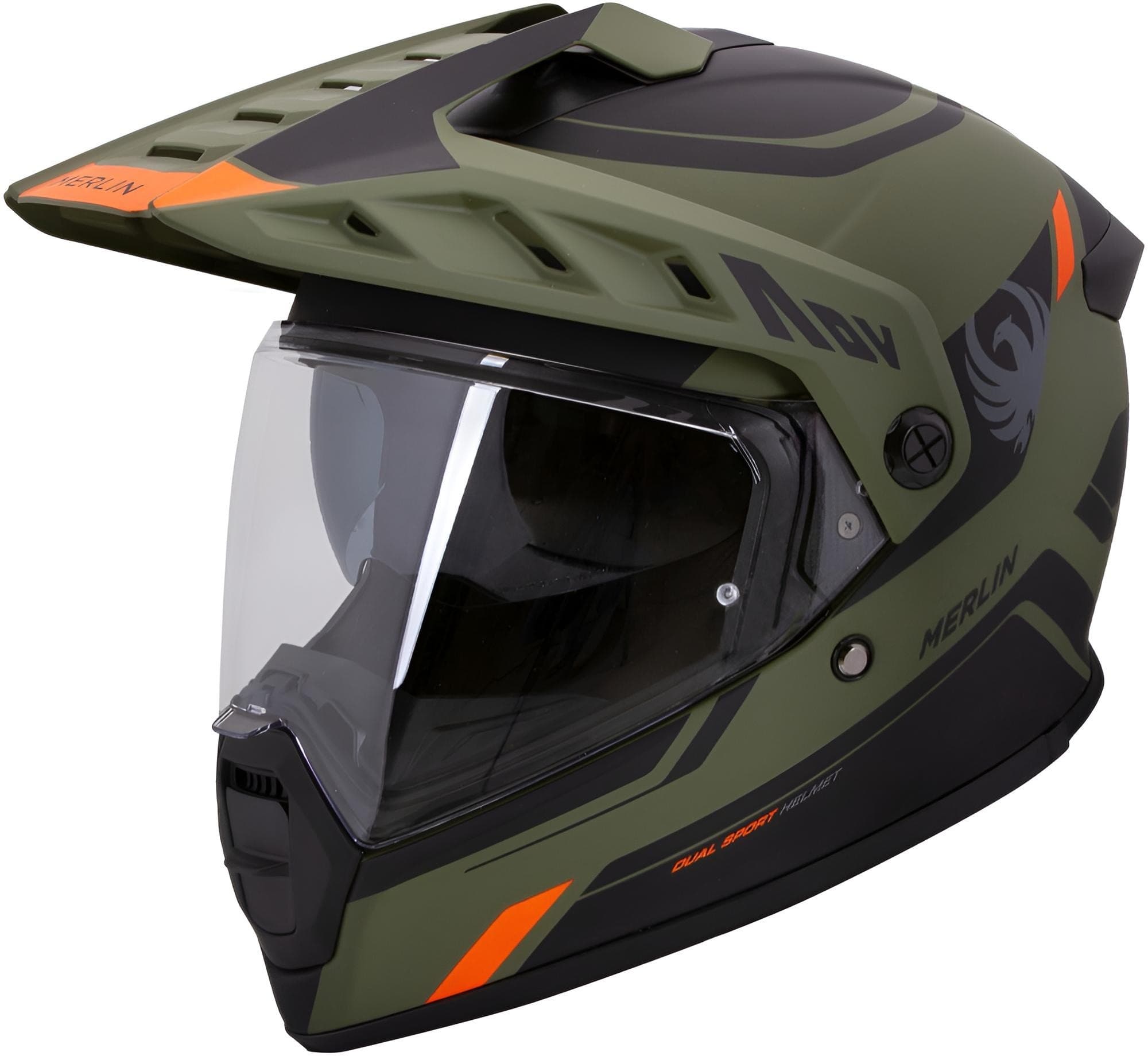 Green Merlin Torres Adventure Block Enduro Helmet in size S, featuring a visor, ventilation slots, and bold orange accents, designed for men.