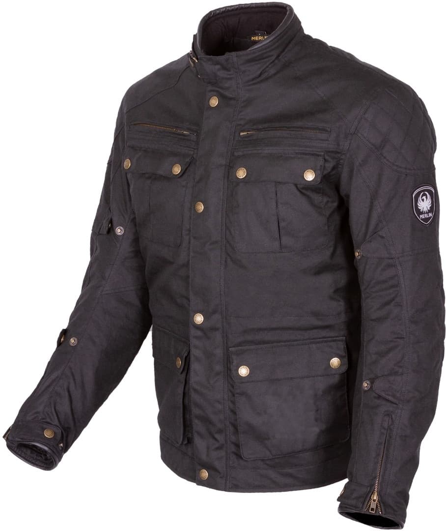 Black waxed motorcycle jacket for men, size L, featuring multiple front pockets, a high collar, and brass snap buttons, designed for durability and style.