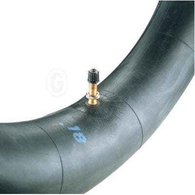 Black rubber motorcycle inner tube with a large valve, marked "18," featuring a brass valve stem for off-road use, designed for durability and performance.