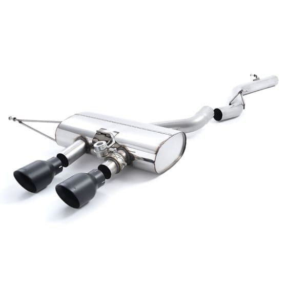 Milltek Non-Resonated 2.75" Cat Back Exhaust System featuring a polished stainless steel body and two 100mm round GT Cerakote black tailpipes.
