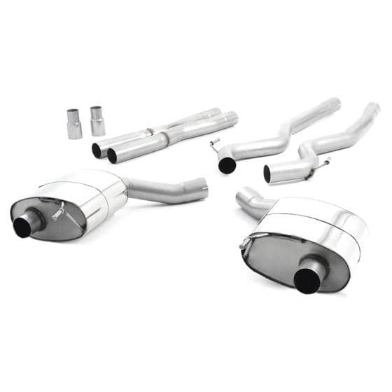 Milltek Non-Resonated 2.76" Cat Back Exhaust System featuring two polished stainless steel mufflers and 100mm round brushed titanium tailpipes.
