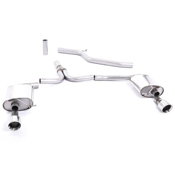 Milltek Non-Resonated 2.76" Cat Back Exhaust System featuring two polished 100mm round GT tailpipes, made from stainless steel with a sleek, shiny finish.