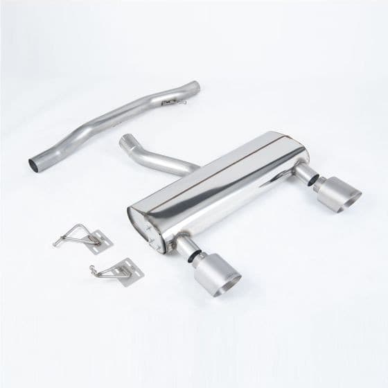 Milltek Non-Resonated 2.76" Cat Back Exhaust System featuring polished stainless steel construction, two 115mm round brushed titanium tailpipes, and accompanying installation hardware.