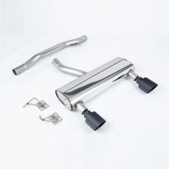Milltek Non-Resonated 2.76" Cat Back Exhaust System featuring a polished stainless steel muffler, two 115mm round Cerakote black tailpipes, and mounting hardware.