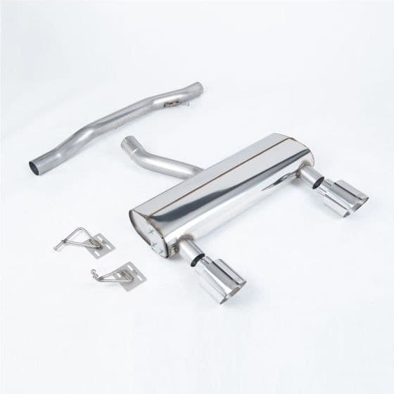 Polished stainless steel cat-back exhaust system featuring a central muffler, two 115mm round GT tailpipes, and connecting pipes with mounting brackets.
